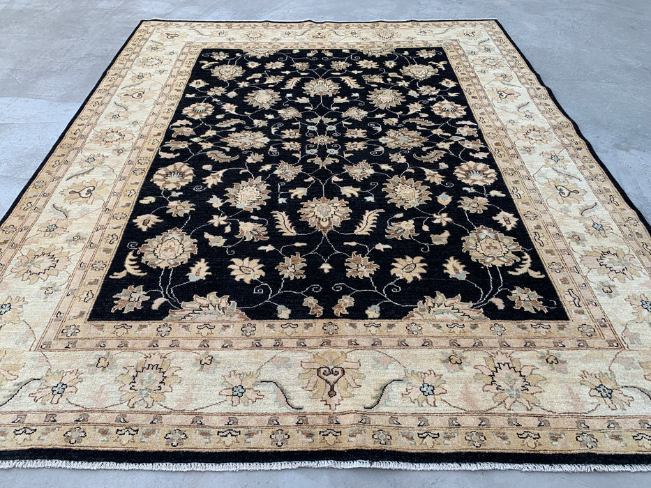 9'7 x 7'11 handgeknoopt Peshawari Chobi wollen tapijt - Zwart traditioneel bloemmotief karpet - KBHM-556