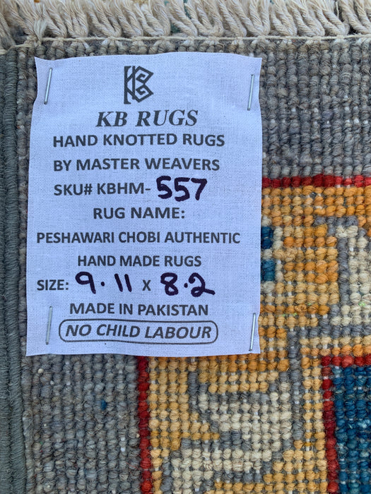 9'11 x 8'2 Hand-Knotted Peshawari Chobi Wool Rug - Blue Gray Traditional Floral Area Rug - KBHM-557