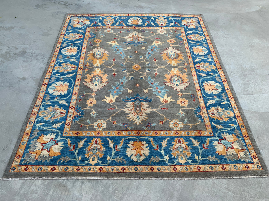 9'11 x 8'2 Hand-Knotted Peshawari Chobi Wool Rug - Blue Gray Traditional Floral Area Rug - KBHM-557