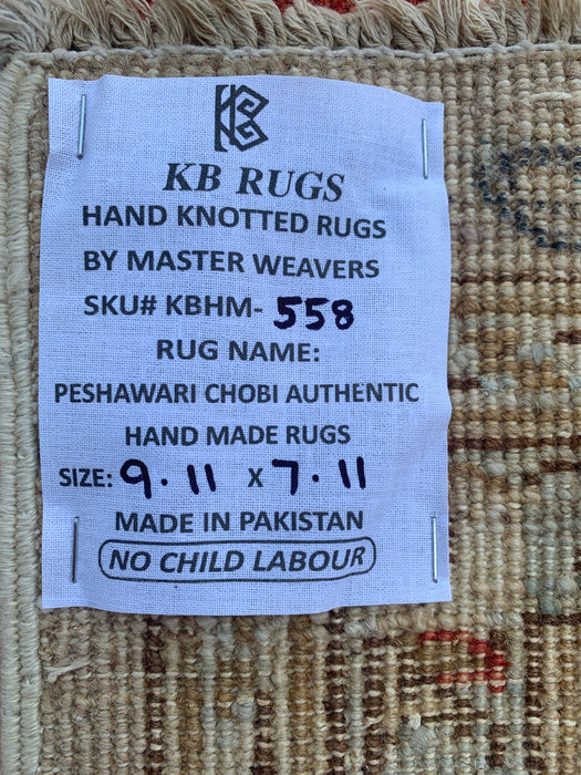 9'11 x 7'11 Hand-Knotted Peshawari Chobi Wool Rug - Red Traditional Garden Floral Area Rug - KBHM-558