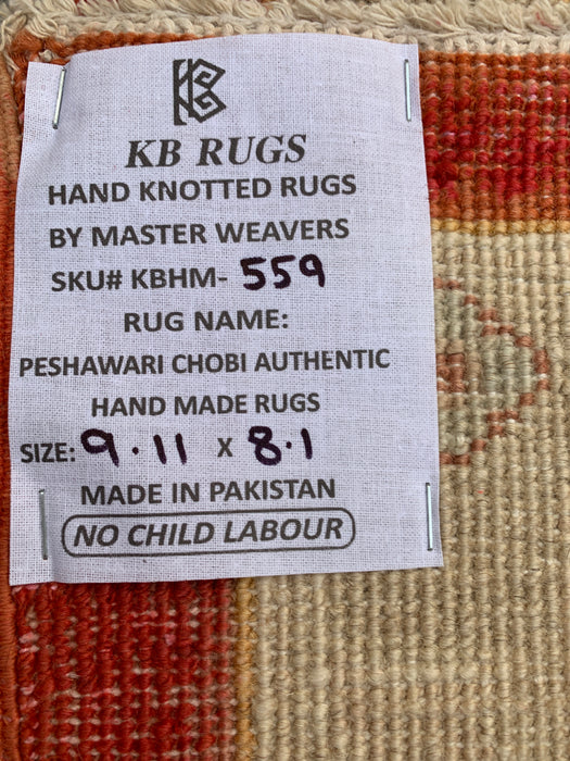 9'11 x 8'1 Hand-Knotted Peshawari Chobi Wool Rug - Red Traditional Floral Area Rug - KBHM-559