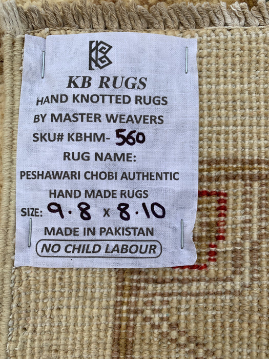 9'8 x 8'10 Handgeknoopt Peshawari Chobi Wollen Vloerkleed - Ivoorblauw Traditioneel Bloemen Vloerkleed - KBHM-560