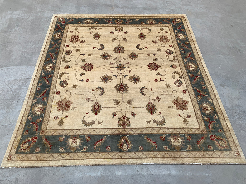 9'8 x 8'10 Handgeknoopt Peshawari Chobi Wollen Vloerkleed - Ivoorblauw Traditioneel Bloemen Vloerkleed - KBHM-560