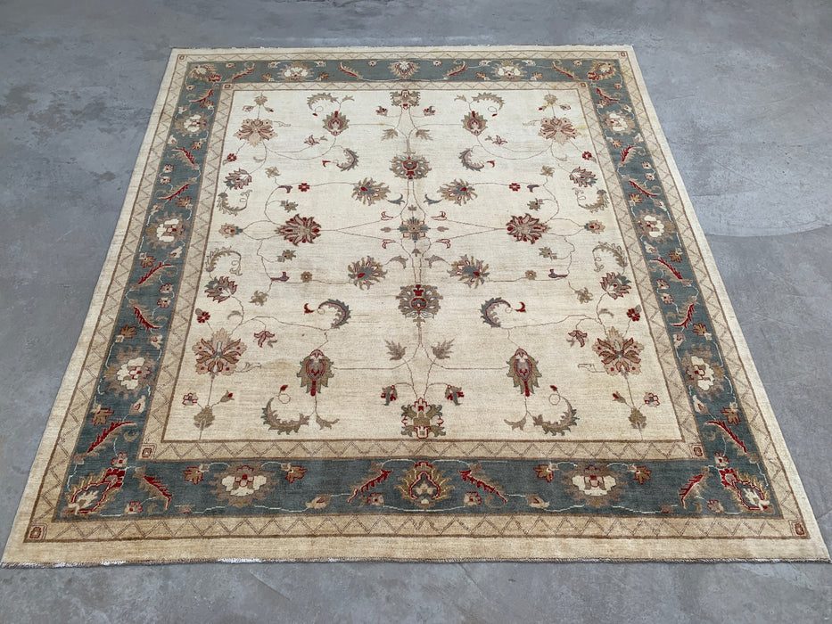 9'8 x 8'10 Handgeknoopt Peshawari Chobi Wollen Vloerkleed - Ivoorblauw Traditioneel Bloemen Vloerkleed - KBHM-560