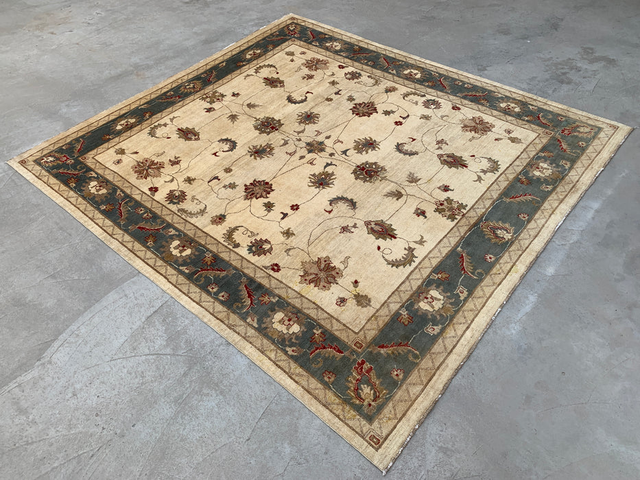9'8 x 8'10 Handgeknoopt Peshawari Chobi Wollen Vloerkleed - Ivoorblauw Traditioneel Bloemen Vloerkleed - KBHM-560