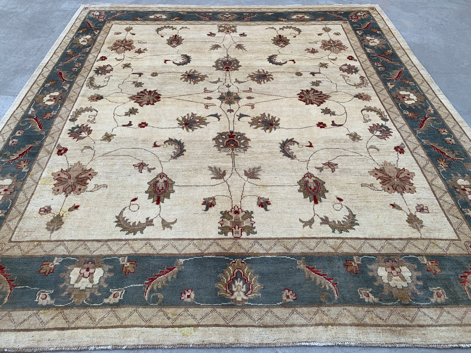 9'8 x 8'10 Handgeknoopt Peshawari Chobi Wollen Vloerkleed - Ivoorblauw Traditioneel Bloemen Vloerkleed - KBHM-560