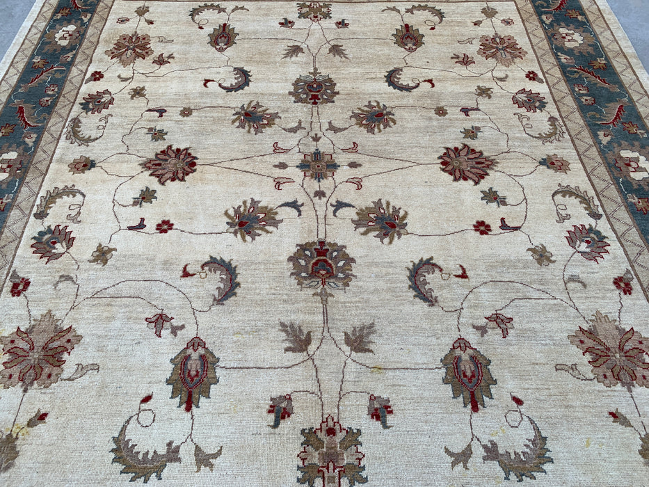 9'8 x 8'10 Handgeknoopt Peshawari Chobi Wollen Vloerkleed - Ivoorblauw Traditioneel Bloemen Vloerkleed - KBHM-560