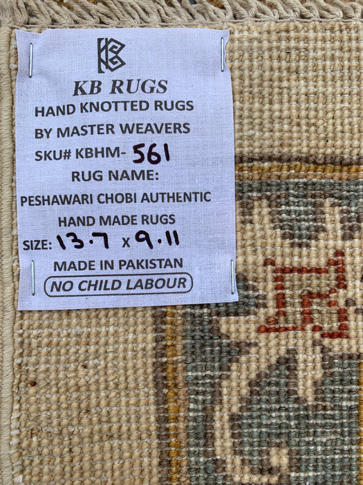 13'7 x 9'11 Handgeknoopt Peshawari Chobi wollen tapijt - Ivoor traditioneel bloemenkleed - KBHM-561