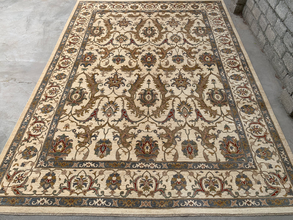 13'7 x 9'11 Handgeknoopt Peshawari Chobi wollen tapijt - Ivoor traditioneel bloemenkleed - KBHM-561