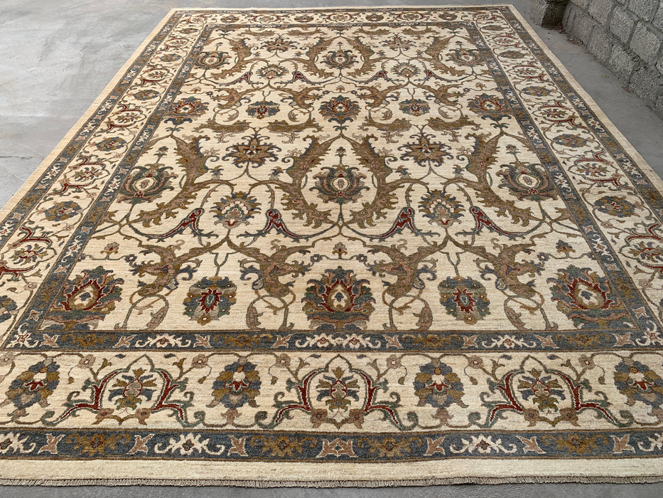 13'7 x 9'11 Handgeknoopt Peshawari Chobi wollen tapijt - Ivoor traditioneel bloemenkleed - KBHM-561