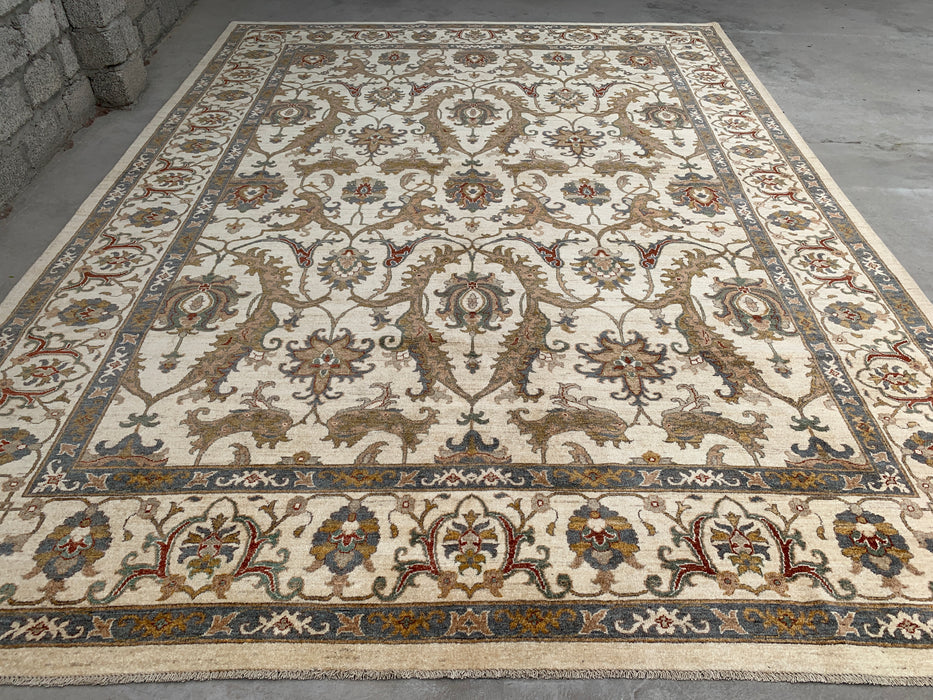 13'7 x 9'11 Handgeknoopt Peshawari Chobi wollen tapijt - Ivoor traditioneel bloemenkleed - KBHM-561