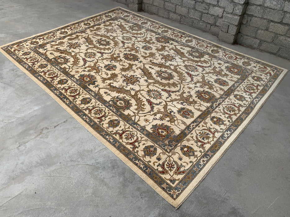 13'7 x 9'11 Handgeknoopt Peshawari Chobi wollen tapijt - Ivoor traditioneel bloemenkleed - KBHM-561