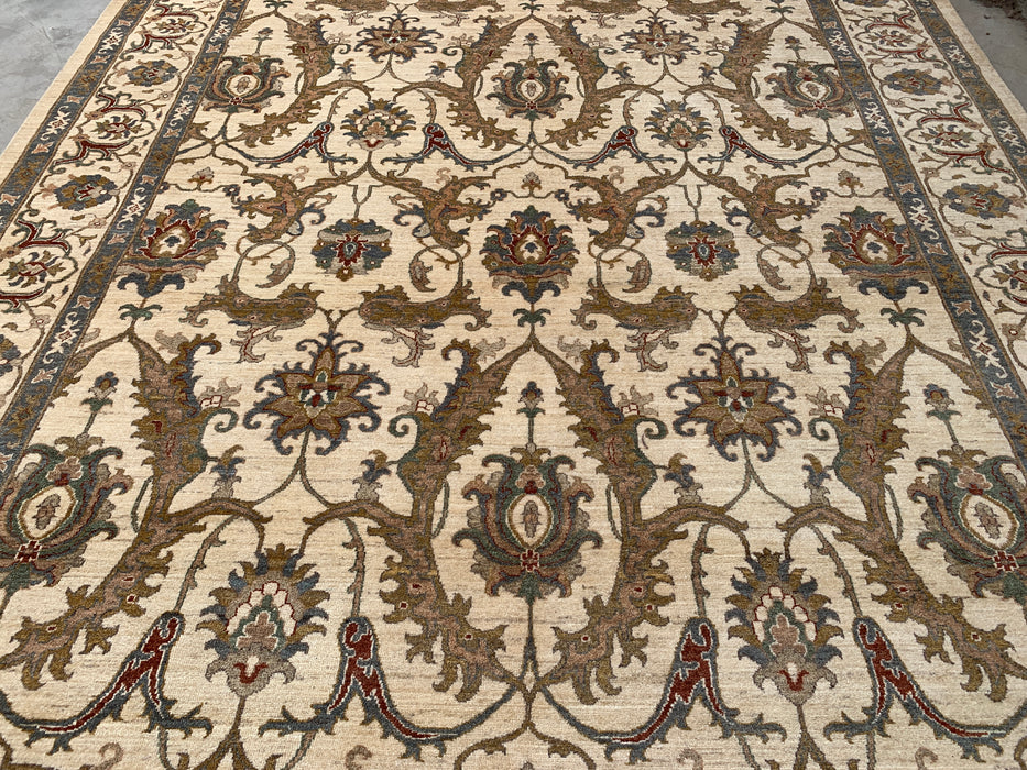 13'7 x 9'11 Handgeknoopt Peshawari Chobi wollen tapijt - Ivoor traditioneel bloemenkleed - KBHM-561