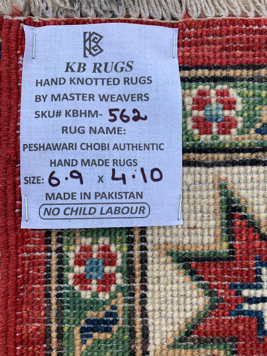 6'9 x 4'10 Hand-Knotted Peshawari Chobi Wool Rug - Red Tribal Traditional Area Rug - KBHM-562