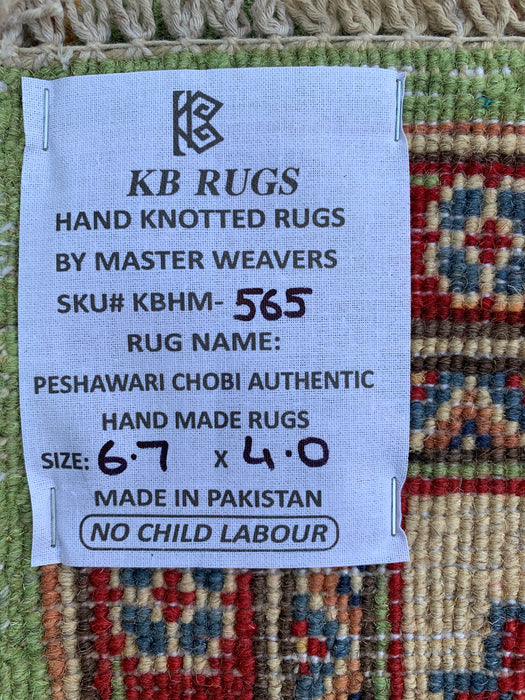 6'7 x 4'0 Hand-Knotted Peshawari Chobi Wool Rug - Green Tribal Geometric Area Rug - KBHM-565