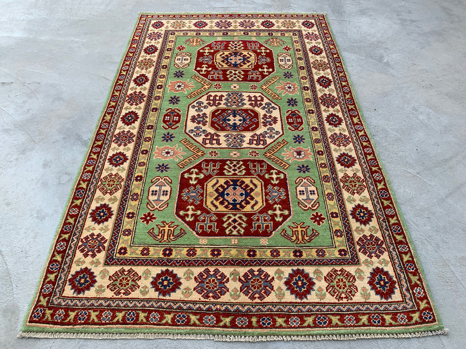 6'7 x 4'0 Hand-Knotted Peshawari Chobi Wool Rug - Green Tribal Geometric Area Rug - KBHM-565