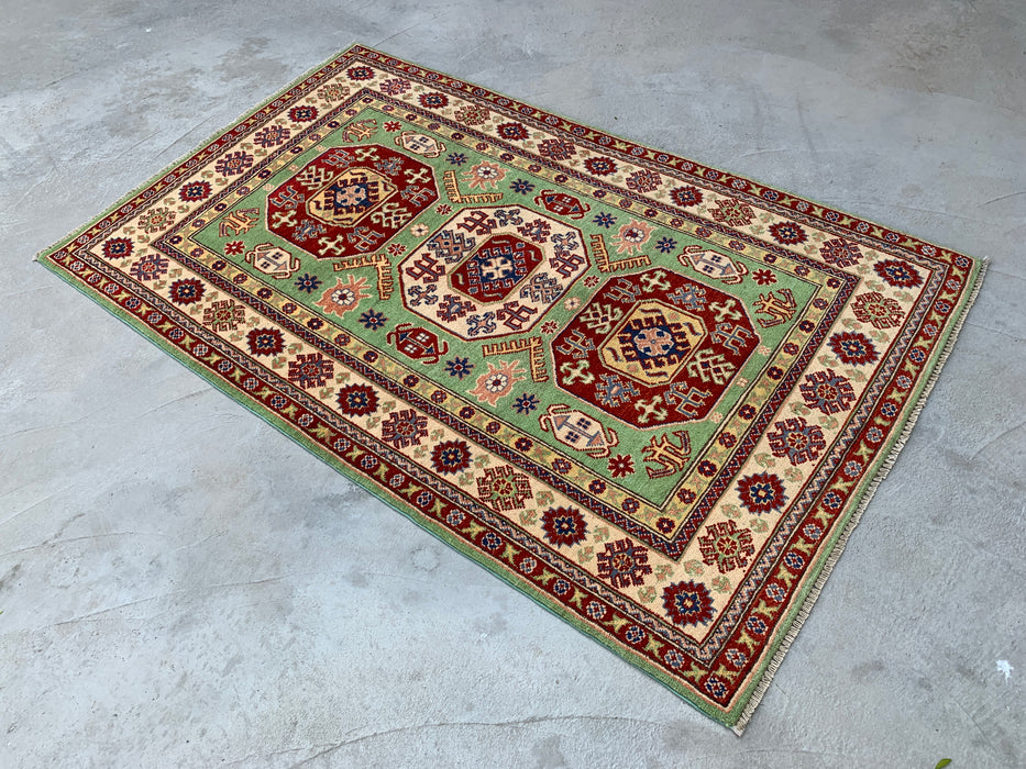 6'7 x 4'0 Hand-Knotted Peshawari Chobi Wool Rug - Green Tribal Geometric Area Rug - KBHM-565