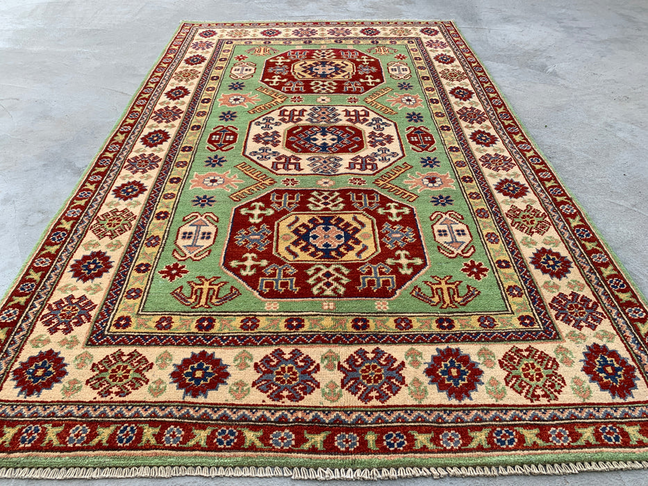 6'7 x 4'0 Hand-Knotted Peshawari Chobi Wool Rug - Green Tribal Geometric Area Rug - KBHM-565