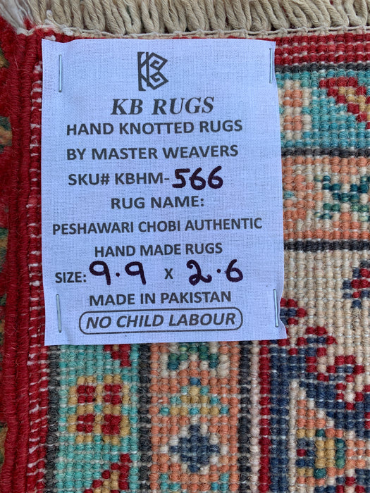 9'9 x 2'6 Hand-Knotted Peshawari Chobi Wool Runner - Red Tribal Geometric Rug - KBHM-566