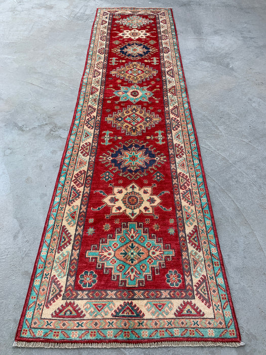 9'9 x 2'6 Hand-Knotted Peshawari Chobi Wool Runner - Red Tribal Geometric Rug - KBHM-566