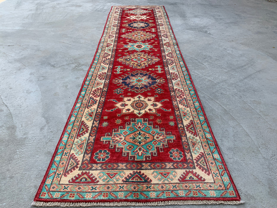 9'9 x 2'6 Hand-Knotted Peshawari Chobi Wool Runner - Red Tribal Geometric Rug - KBHM-566