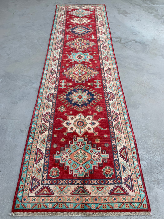 9'9 x 2'6 Hand-Knotted Peshawari Chobi Wool Runner - Red Tribal Geometric Rug - KBHM-566