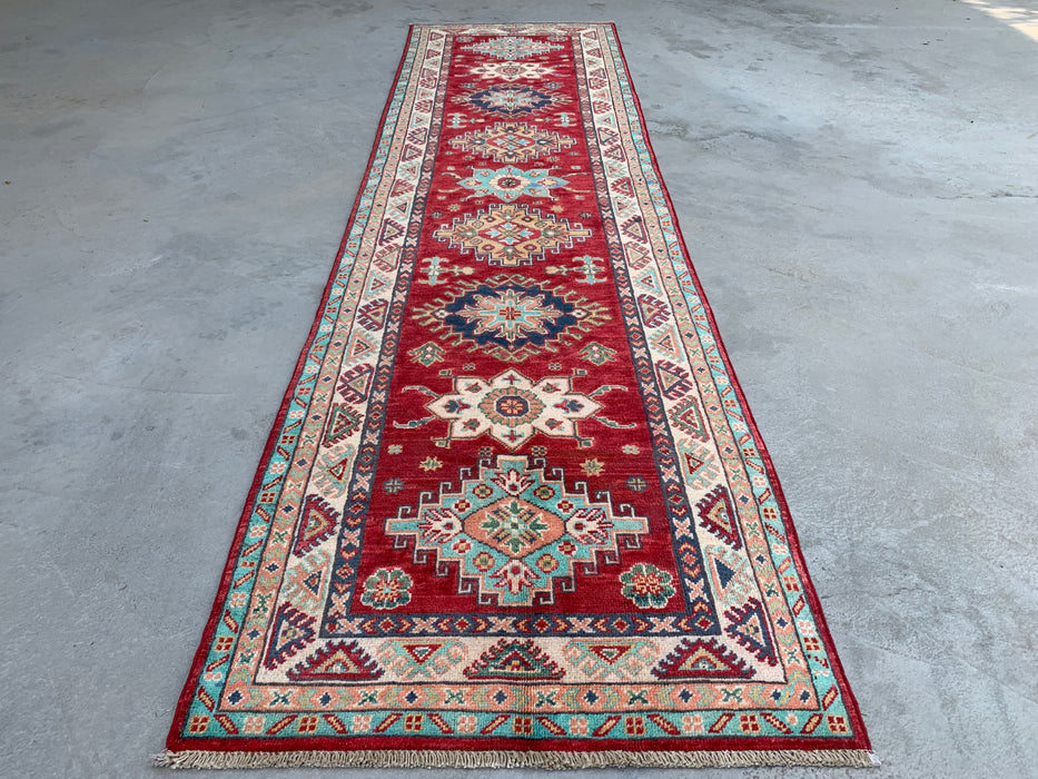 9'9 x 2'6 Hand-Knotted Peshawari Chobi Wool Runner - Red Tribal Geometric Rug - KBHM-566
