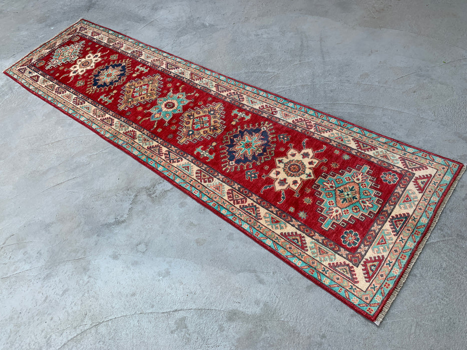 9'9 x 2'6 Hand-Knotted Peshawari Chobi Wool Runner - Red Tribal Geometric Rug - KBHM-566