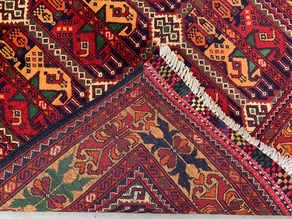 5'0 x 3'3 handgeknoopt Pesjwari Chobi wollen tapijt - Rood tribaal geometrisch vloerkleed - KBHM-567