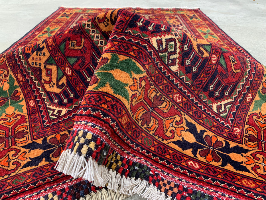 5'0 x 3'3 handgeknoopt Pesjwari Chobi wollen tapijt - Rood tribaal geometrisch vloerkleed - KBHM-567