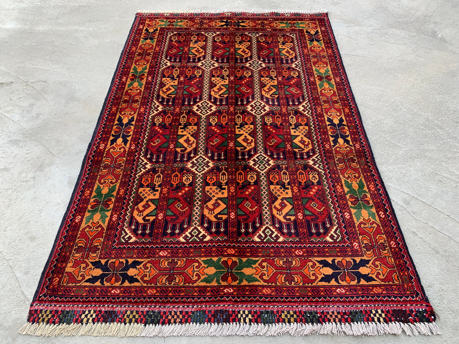5'0 x 3'3 handgeknoopt Pesjwari Chobi wollen tapijt - Rood tribaal geometrisch vloerkleed - KBHM-567