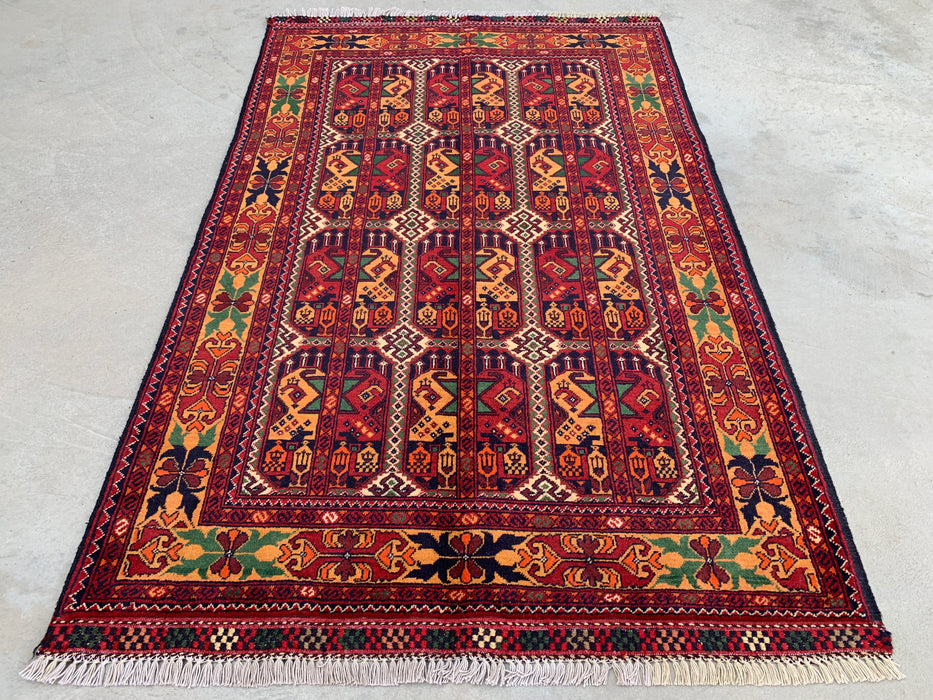 5'0 x 3'3 handgeknoopt Pesjwari Chobi wollen tapijt - Rood tribaal geometrisch vloerkleed - KBHM-567