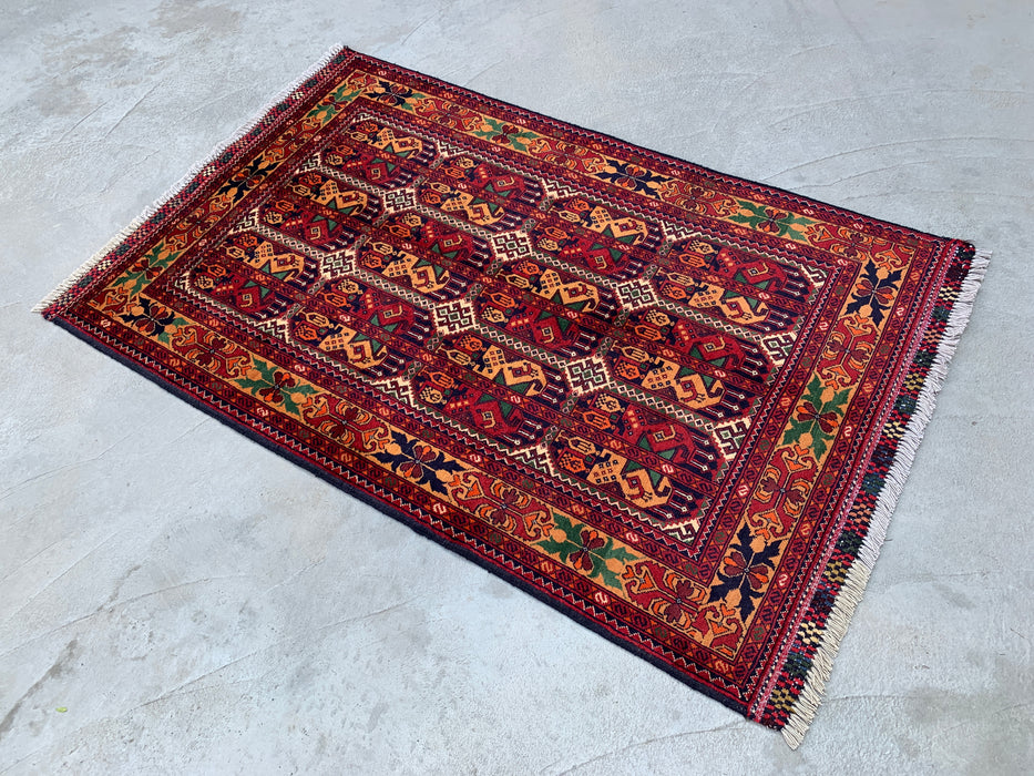 5'0 x 3'3 handgeknoopt Pesjwari Chobi wollen tapijt - Rood tribaal geometrisch vloerkleed - KBHM-567