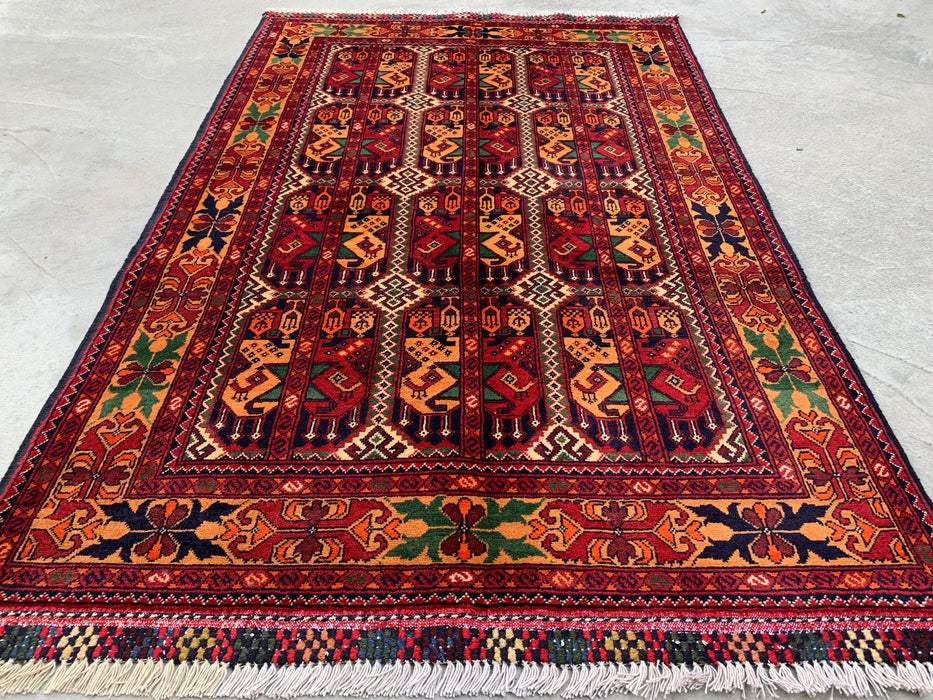 5'0 x 3'3 handgeknoopt Pesjwari Chobi wollen tapijt - Rood tribaal geometrisch vloerkleed - KBHM-567