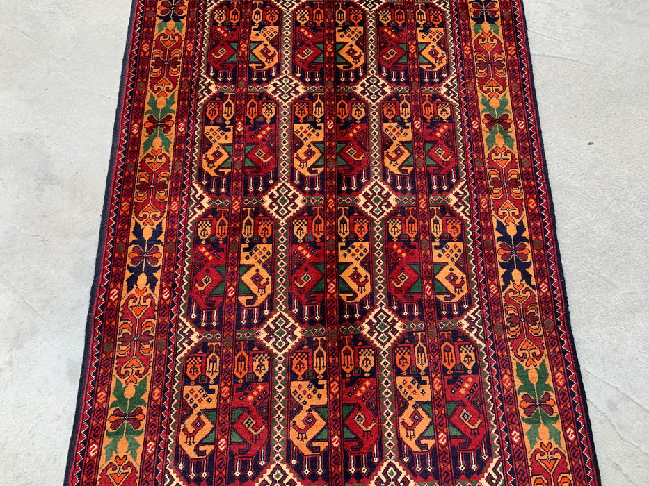 5'0 x 3'3 handgeknoopt Pesjwari Chobi wollen tapijt - Rood tribaal geometrisch vloerkleed - KBHM-567