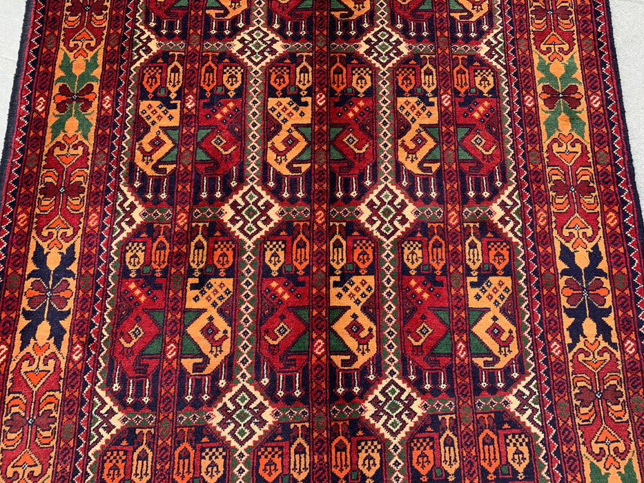 5'0 x 3'3 handgeknoopt Pesjwari Chobi wollen tapijt - Rood tribaal geometrisch vloerkleed - KBHM-567
