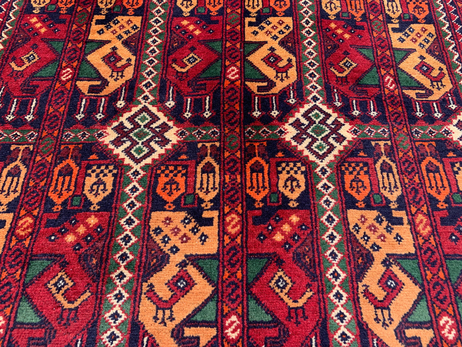 5'0 x 3'3 handgeknoopt Pesjwari Chobi wollen tapijt - Rood tribaal geometrisch vloerkleed - KBHM-567
