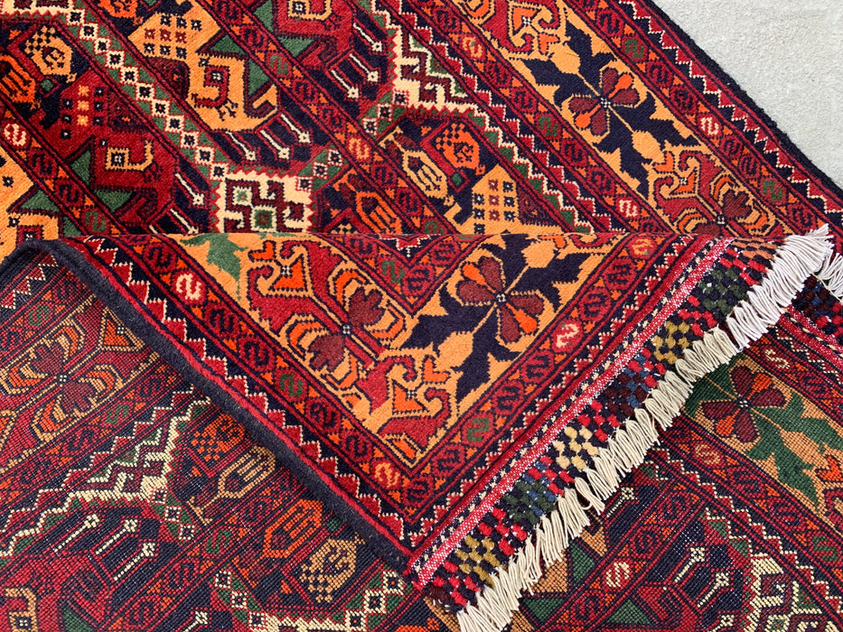 5'0 x 3'3 handgeknoopt Pesjwari Chobi wollen tapijt - Rood tribaal geometrisch vloerkleed - KBHM-567
