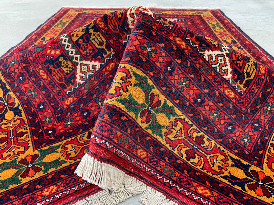 4'7 x 3'3 Hand-Knotted Peshawari Chobi Wool Rug - Red Tribal Geometric Area Rug - KBHM-568