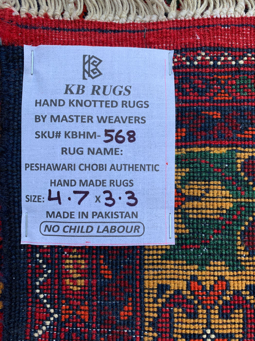 4'7 x 3'3 Hand-Knotted Peshawari Chobi Wool Rug - Red Tribal Geometric Area Rug - KBHM-568