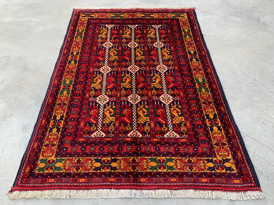 4'7 x 3'3 Hand-Knotted Peshawari Chobi Wool Rug - Red Tribal Geometric Area Rug - KBHM-568