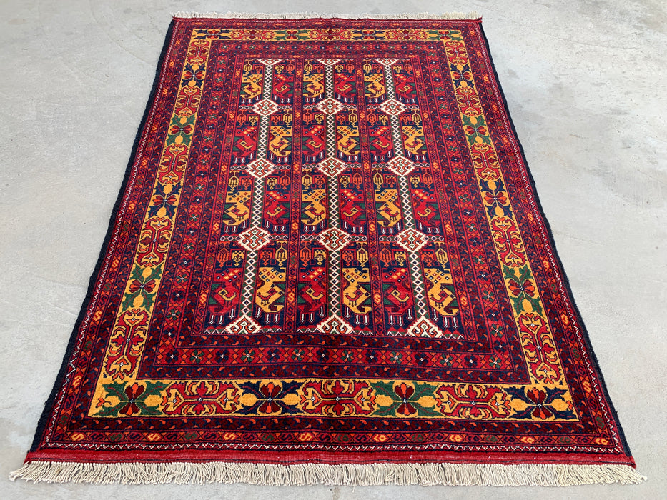 4'7 x 3'3 Hand-Knotted Peshawari Chobi Wool Rug - Red Tribal Geometric Area Rug - KBHM-568
