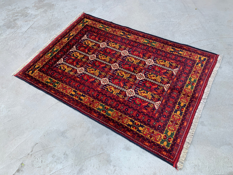 4'7 x 3'3 Hand-Knotted Peshawari Chobi Wool Rug - Red Tribal Geometric Area Rug - KBHM-568