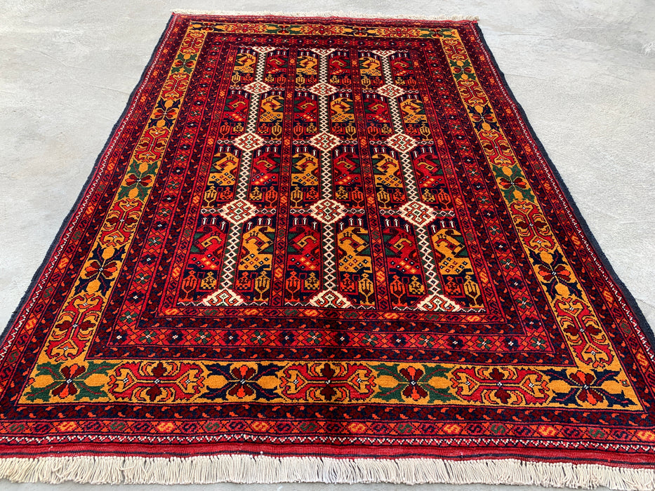 4'7 x 3'3 Hand-Knotted Peshawari Chobi Wool Rug - Red Tribal Geometric Area Rug - KBHM-568
