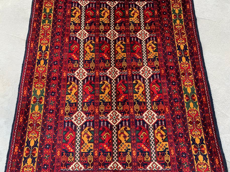 4'7 x 3'3 Hand-Knotted Peshawari Chobi Wool Rug - Red Tribal Geometric Area Rug - KBHM-568