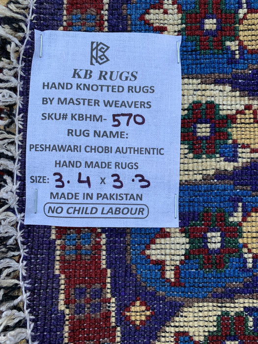 3'4 x 3'3 Hand-Knotted Peshawari Chobi Wool Round Rug - Blue Traditional Medallion Rug - KBHM-570