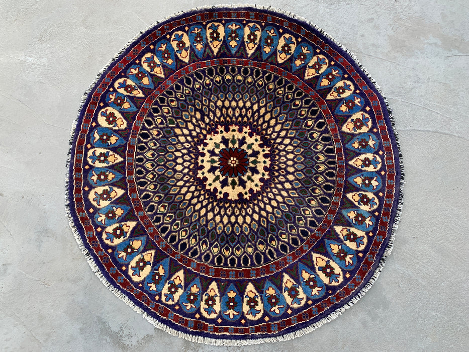 3'4 x 3'3 Hand-Knotted Peshawari Chobi Wool Round Rug - Blue Traditional Medallion Rug - KBHM-570