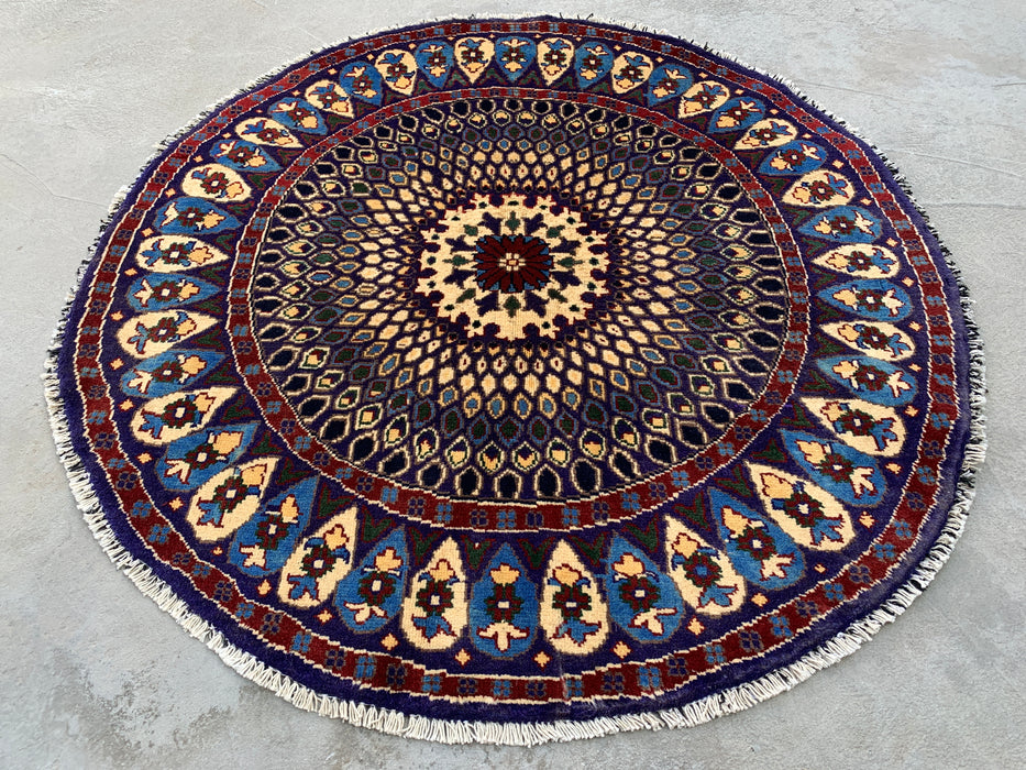 3'4 x 3'3 Hand-Knotted Peshawari Chobi Wool Round Rug - Blue Traditional Medallion Rug - KBHM-570