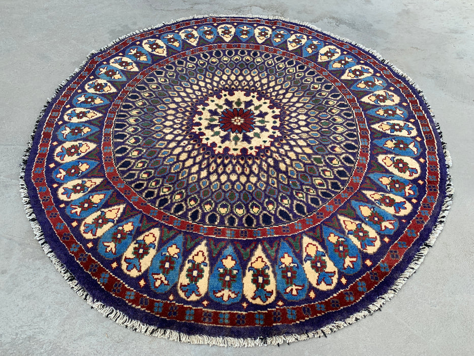 3'4 x 3'3 Hand-Knotted Peshawari Chobi Wool Round Rug - Blue Traditional Medallion Rug - KBHM-570