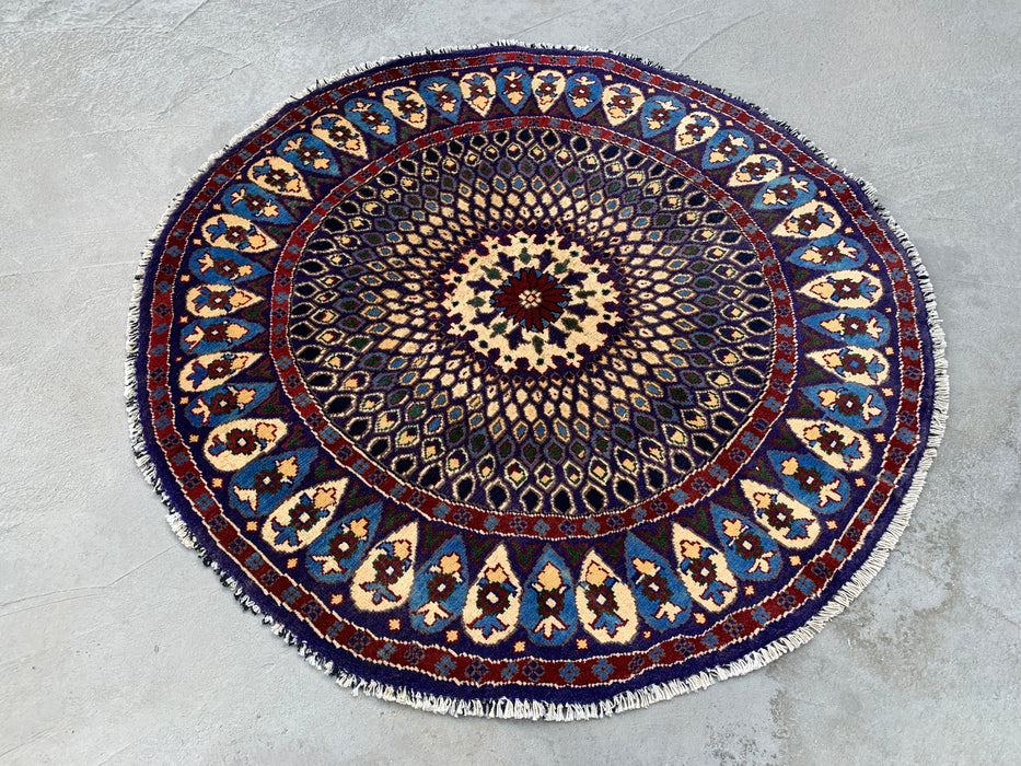 3'4 x 3'3 Hand-Knotted Peshawari Chobi Wool Round Rug - Blue Traditional Medallion Rug - KBHM-570